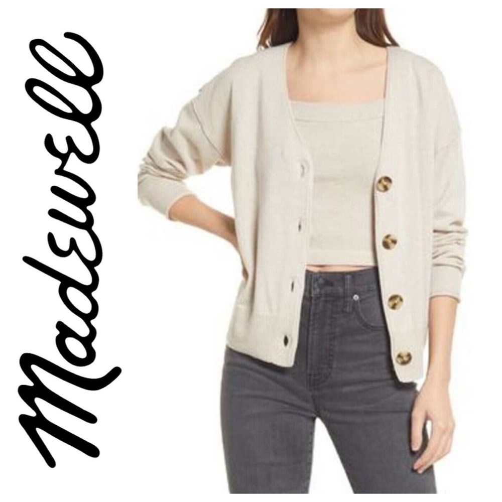 MADEWELL (Re)sourced Cashmere Carlyn V-Neck Cardigan Sweater Cream - Picture 2 of 9
